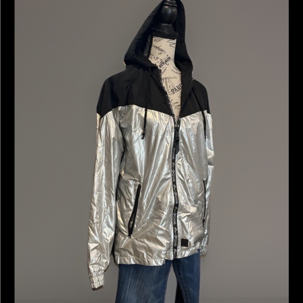 MARC ECKO Stylish Silver & Black hooded zip up windbreaker jacket S